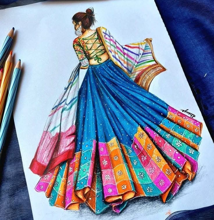 Fashion illustration — colorful lehenga sketch